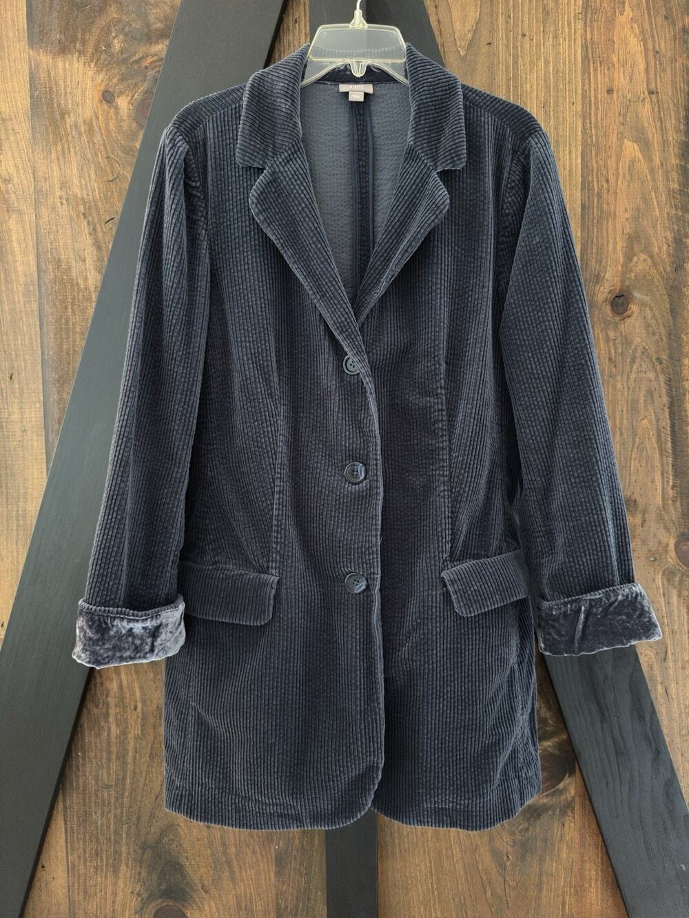 J.Jill Vintage Blue Wide Wale Corduroy Jacket Long Blazer Velvet Cuffs Size L